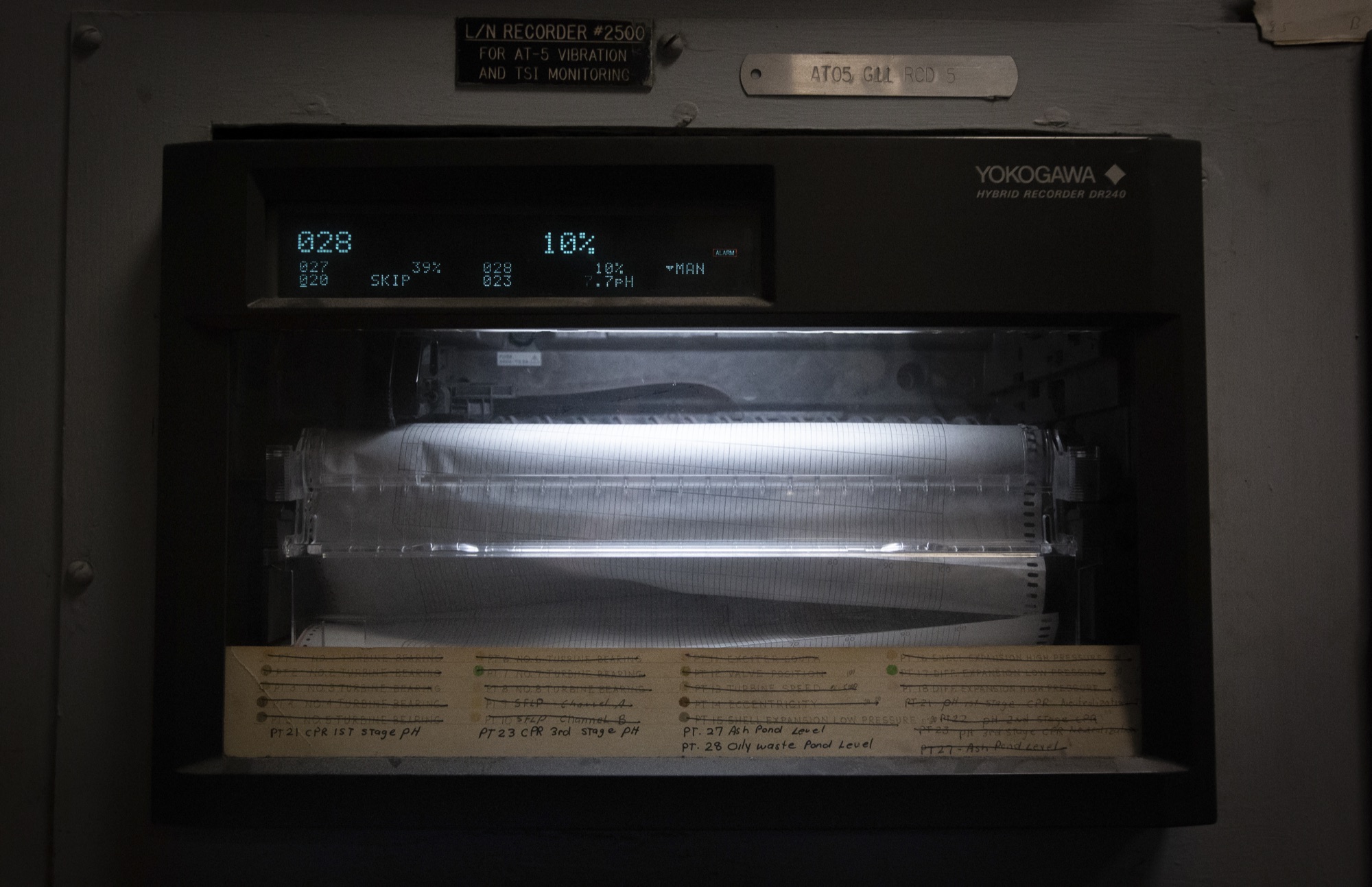 A Yokogawa chart recorder lit in a dark cabinet, its paper chart annotated by hand
